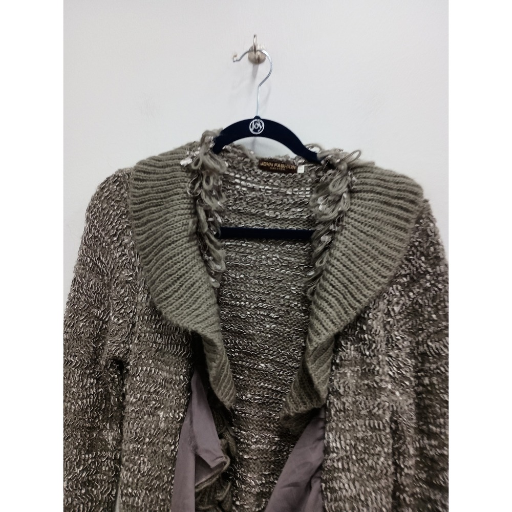 John Fashion Ruffle BOHO Cardigan Womens Large Taupe Shimmer Toggle - Picture 2 of 13